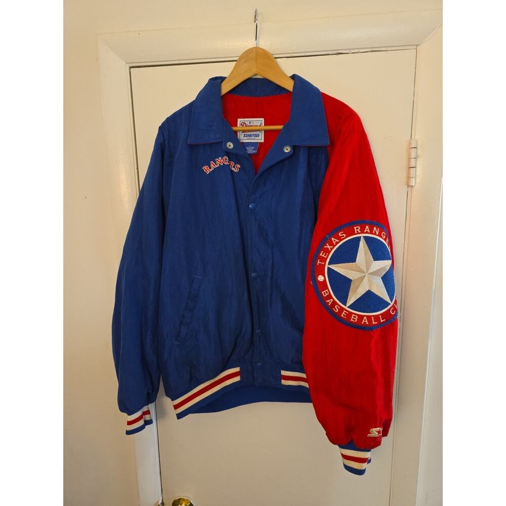 Vtg Texas Rangers MLB Starter Diamond Collect Jacket Sz L Red Blue USA Well Worn